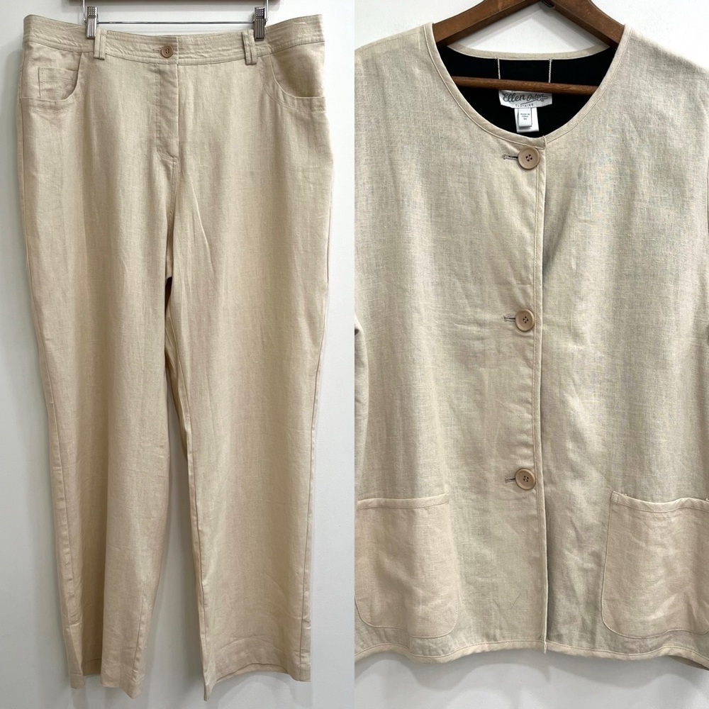 Ellen Orton linen blend reversible pants set tan black jacket plus size 1X